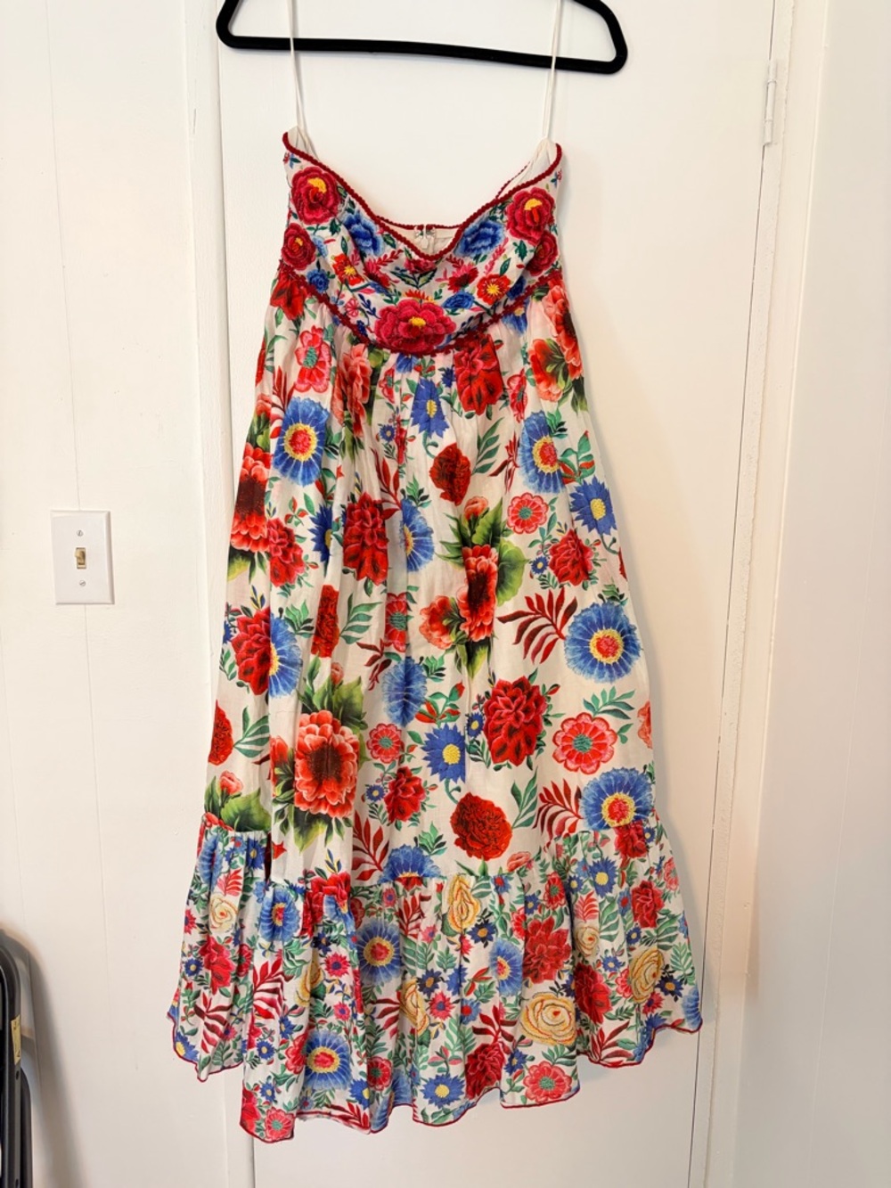Strapless Floral Maxi Dress - White Background with Red & Blue Blooms